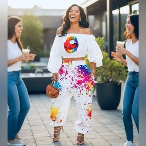 2 Piece: Multi-Color Lips, Off Shoulder, Crop Top w/Matching Color Pants, NIP